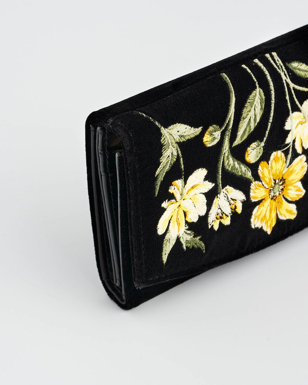 Botanical Black Velvet Embroidered Wallet by Fable England