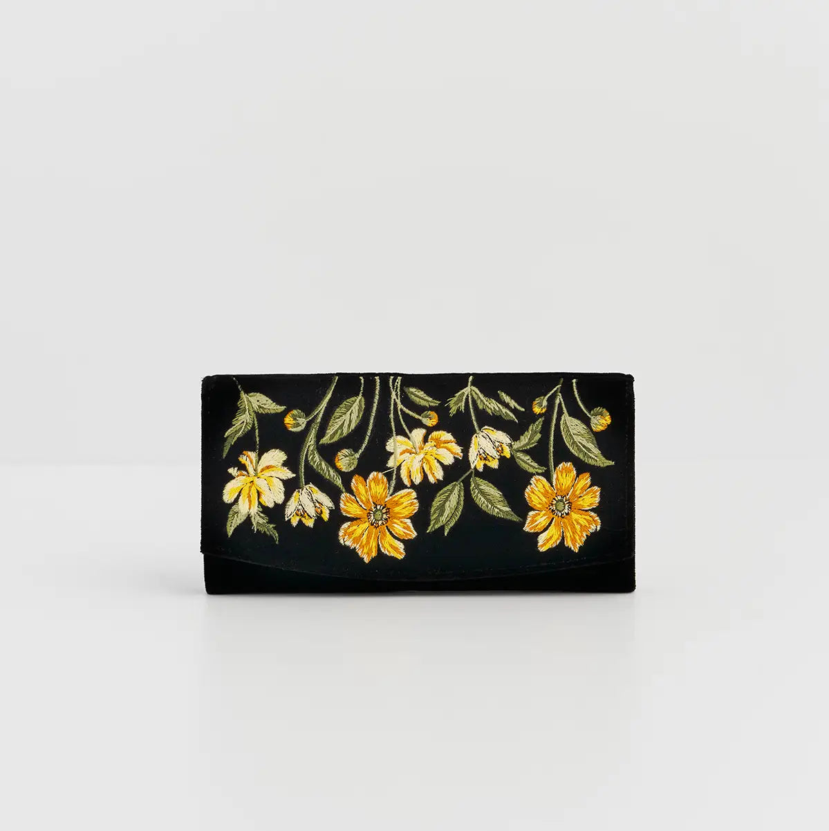 Botanical Black Velvet Embroidered Wallet by Fable England