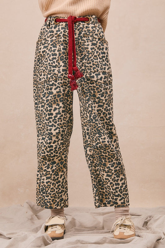 Braided Waist Belt Patch Leopard Print Pants