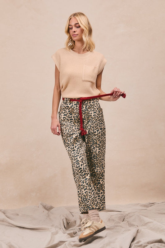 Braided Waist Belt Patch Leopard Print Pants