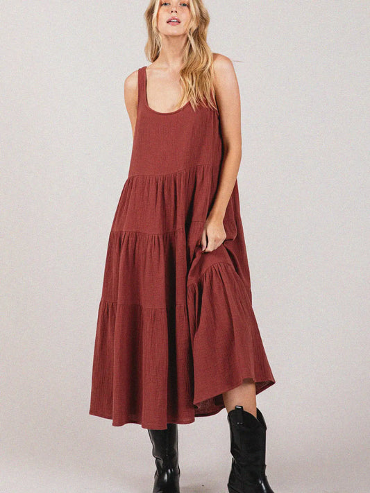 Brick Lightweight Gauze Tiered Midi Dress