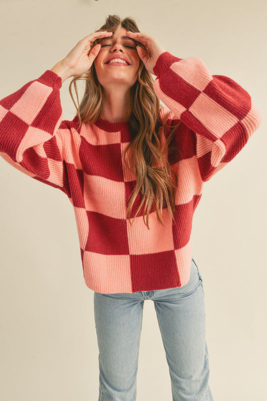 Brick & Peach Checkered Sweater