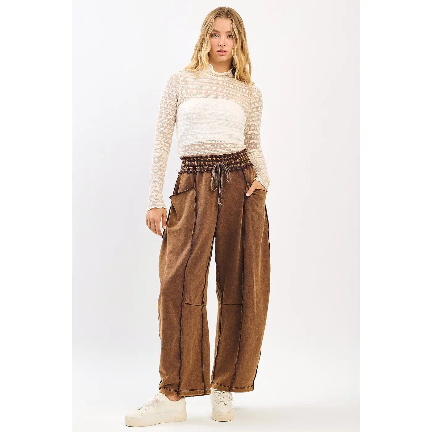 Brown Mineral Wash Contrast Stitch Barrel Pants