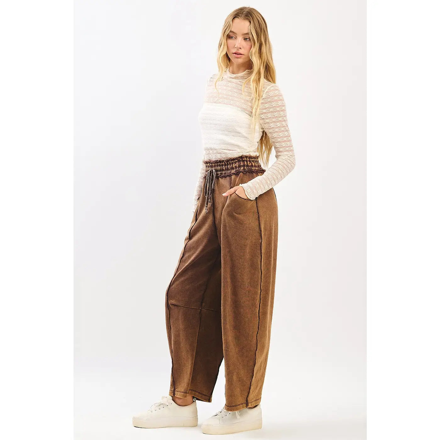 Brown Mineral Wash Contrast Stitch Barrel Pants
