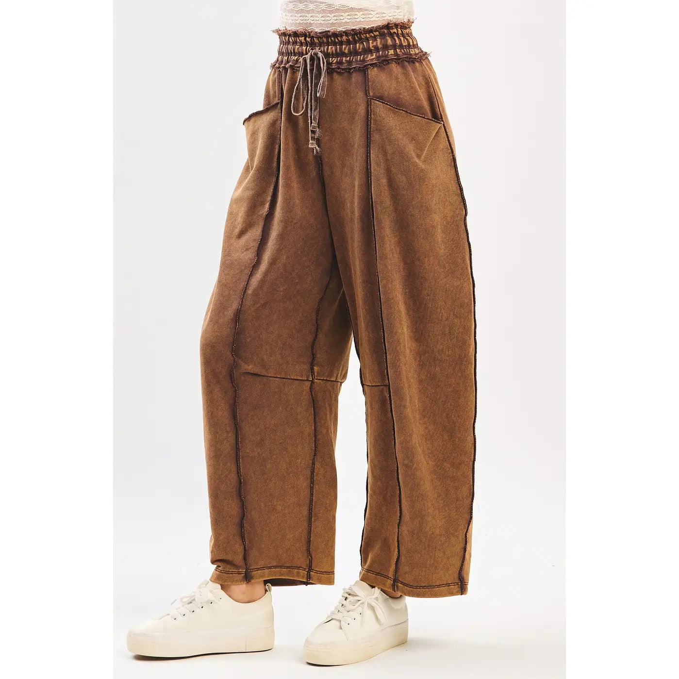 Brown Mineral Wash Contrast Stitch Barrel Pants