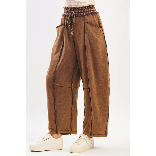 Brown Mineral Wash Contrast Stitch Barrel Pants
