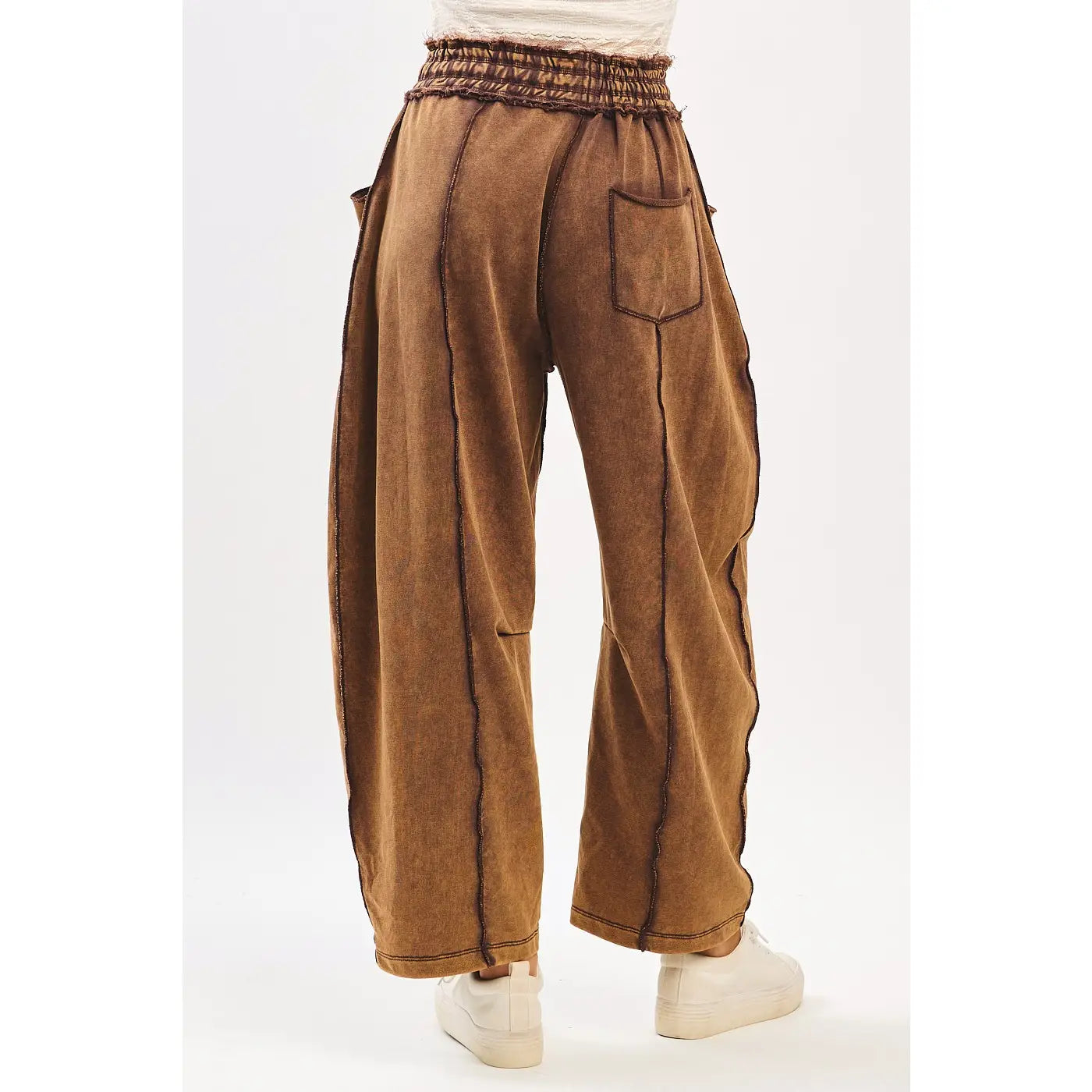 Brown Mineral Wash Contrast Stitch Barrel Pants