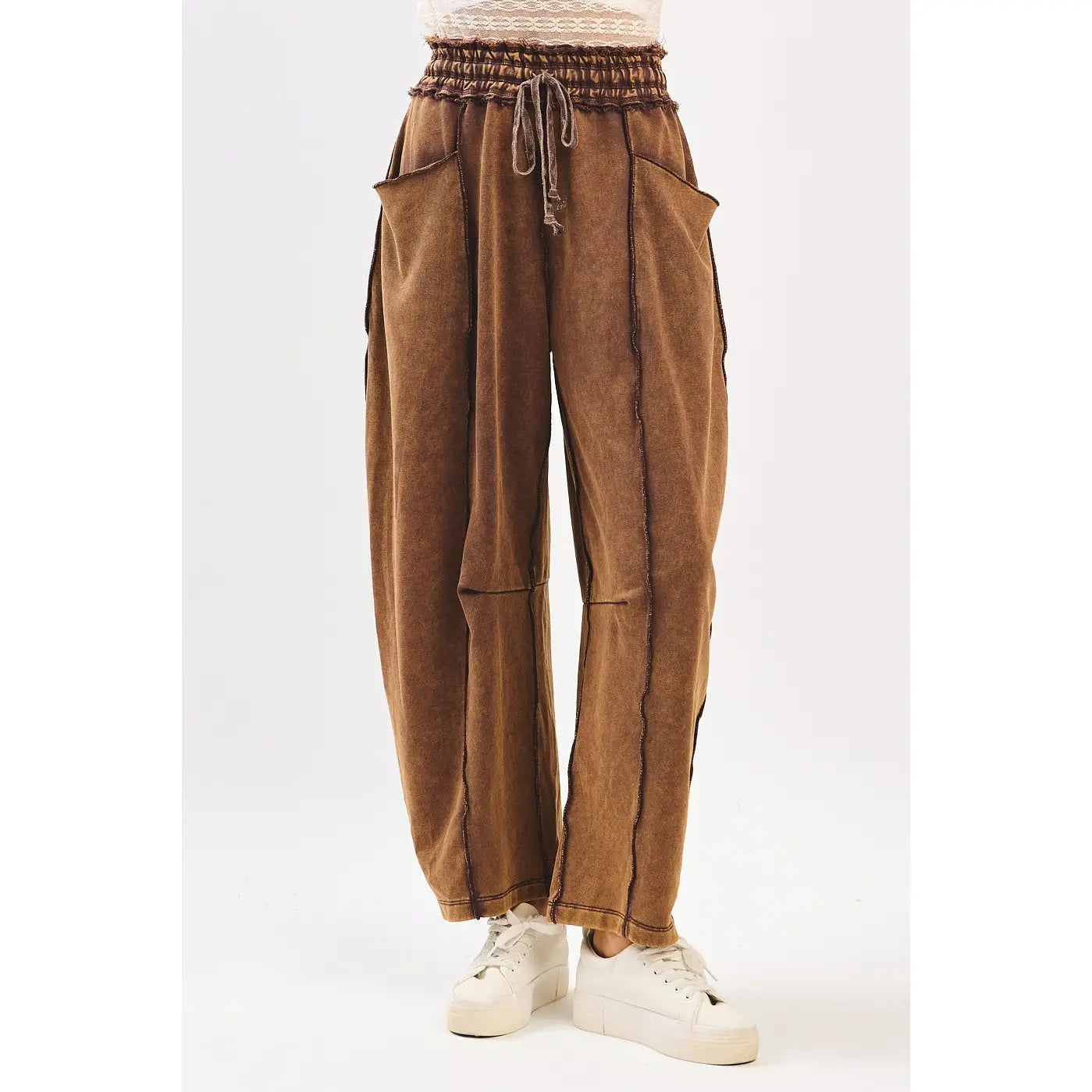 Brown Mineral Wash Contrast Stitch Barrel Pants