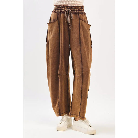 Brown Mineral Wash Contrast Stitch Barrel Pants