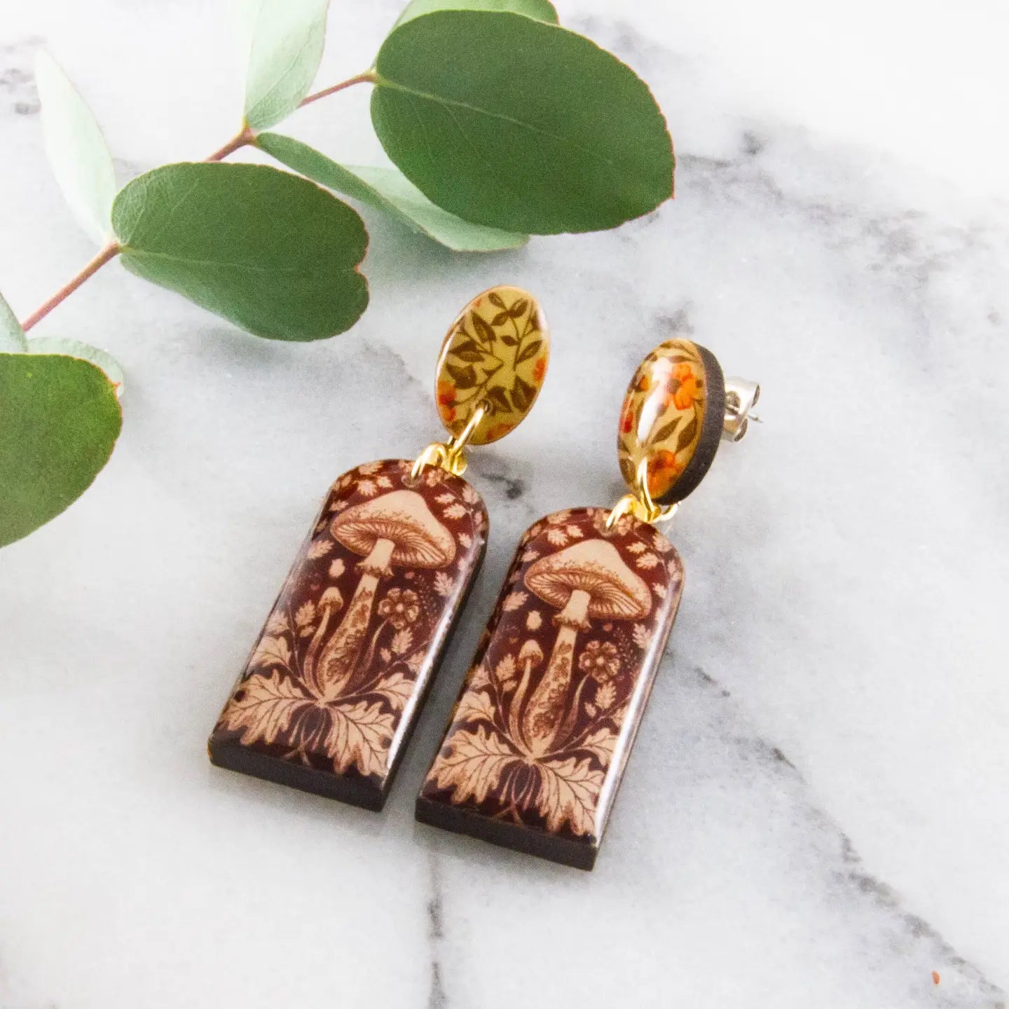 Brown Mushroom Long Drop Post Earrings