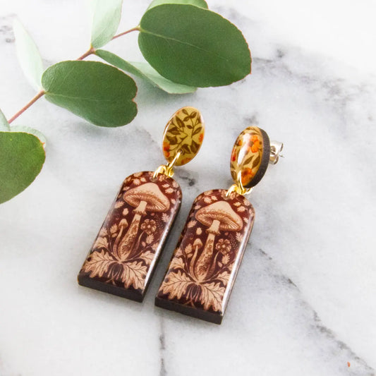 Brown Mushroom Long Drop Post Earrings