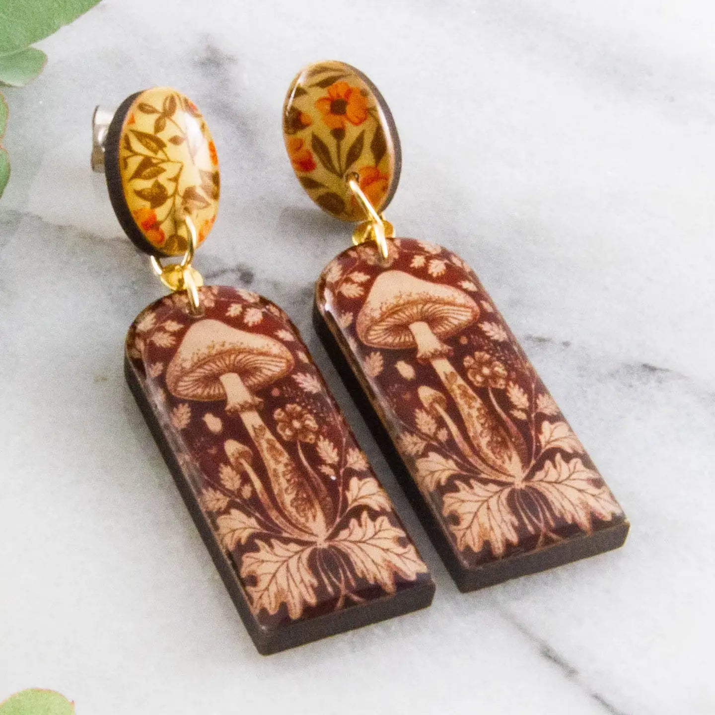 Brown Mushroom Long Drop Post Earrings