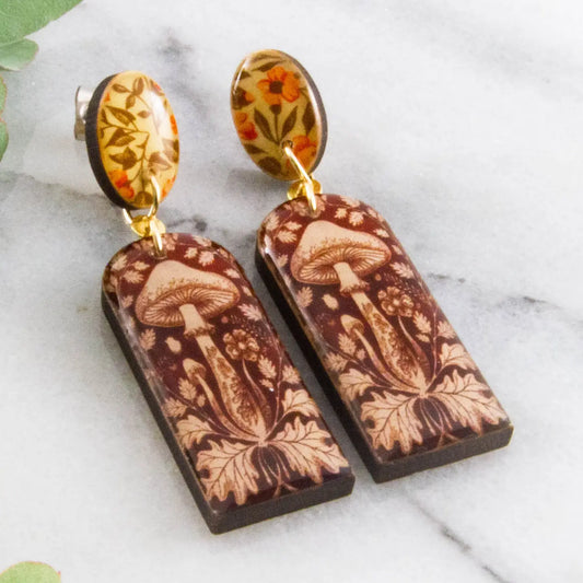 Brown Mushroom Long Drop Post Earrings