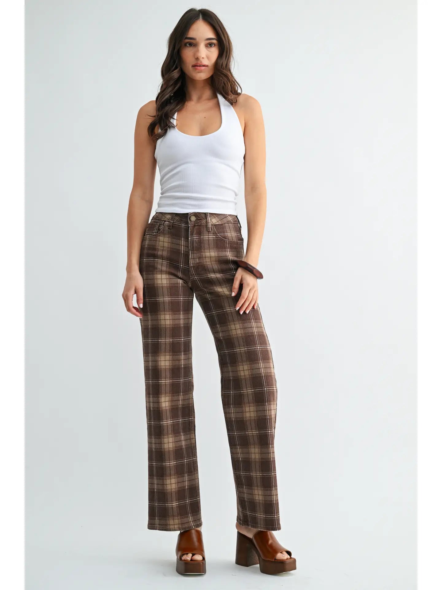 Brown Plaid High Rise Full Length Straight Jeans