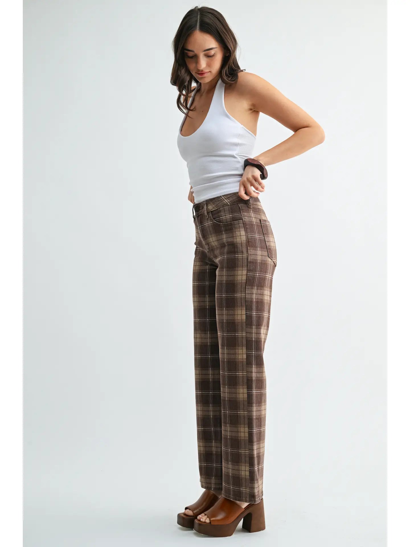 Brown Plaid High Rise Full Length Straight Jeans