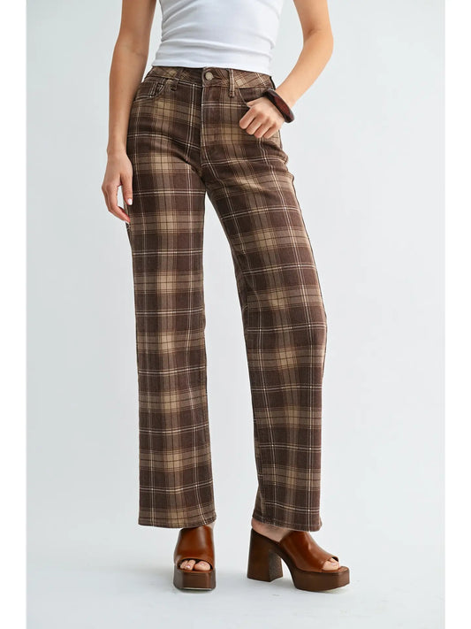 Brown Plaid High Rise Full Length Straight Jeans