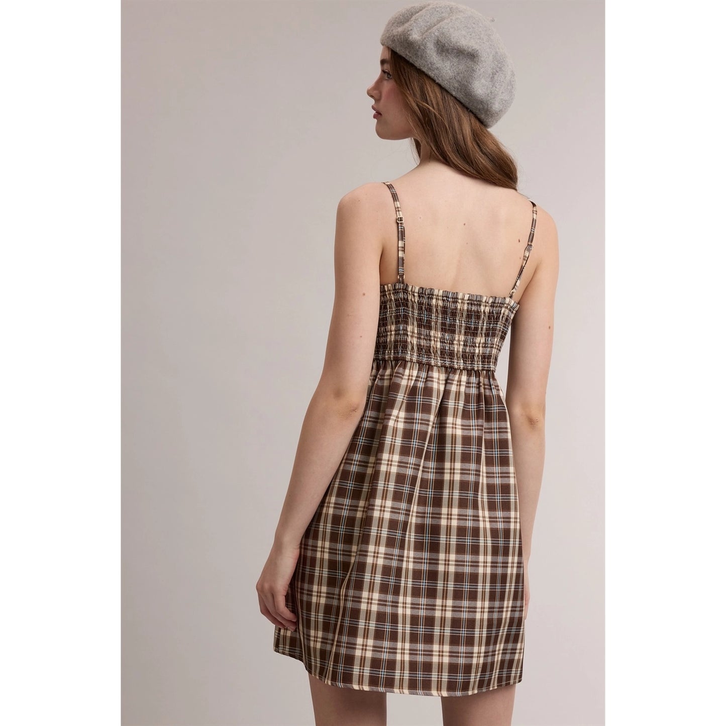 Brown Plaid Velvet Bow Mini Dress