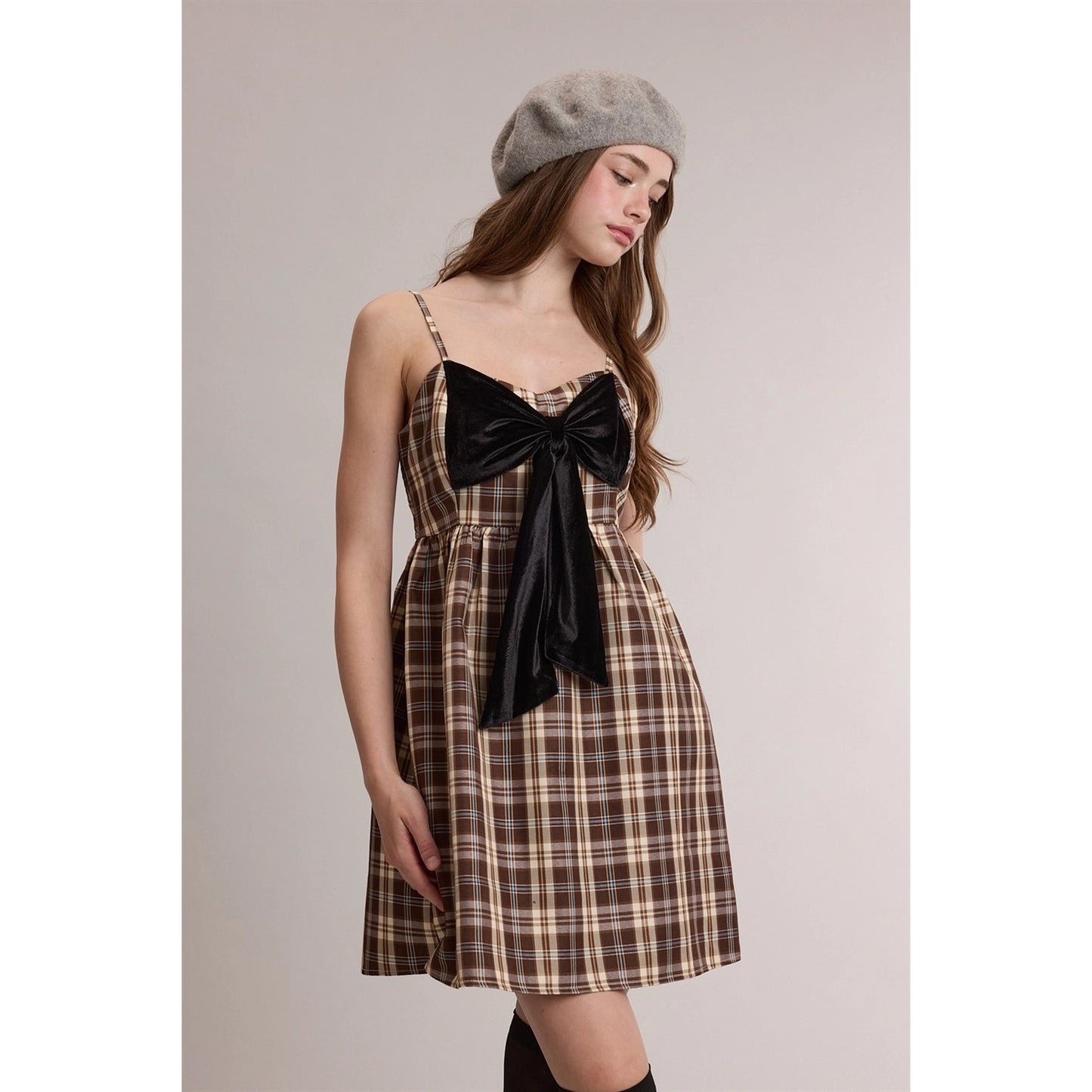 Brown Plaid Velvet Bow Mini Dress