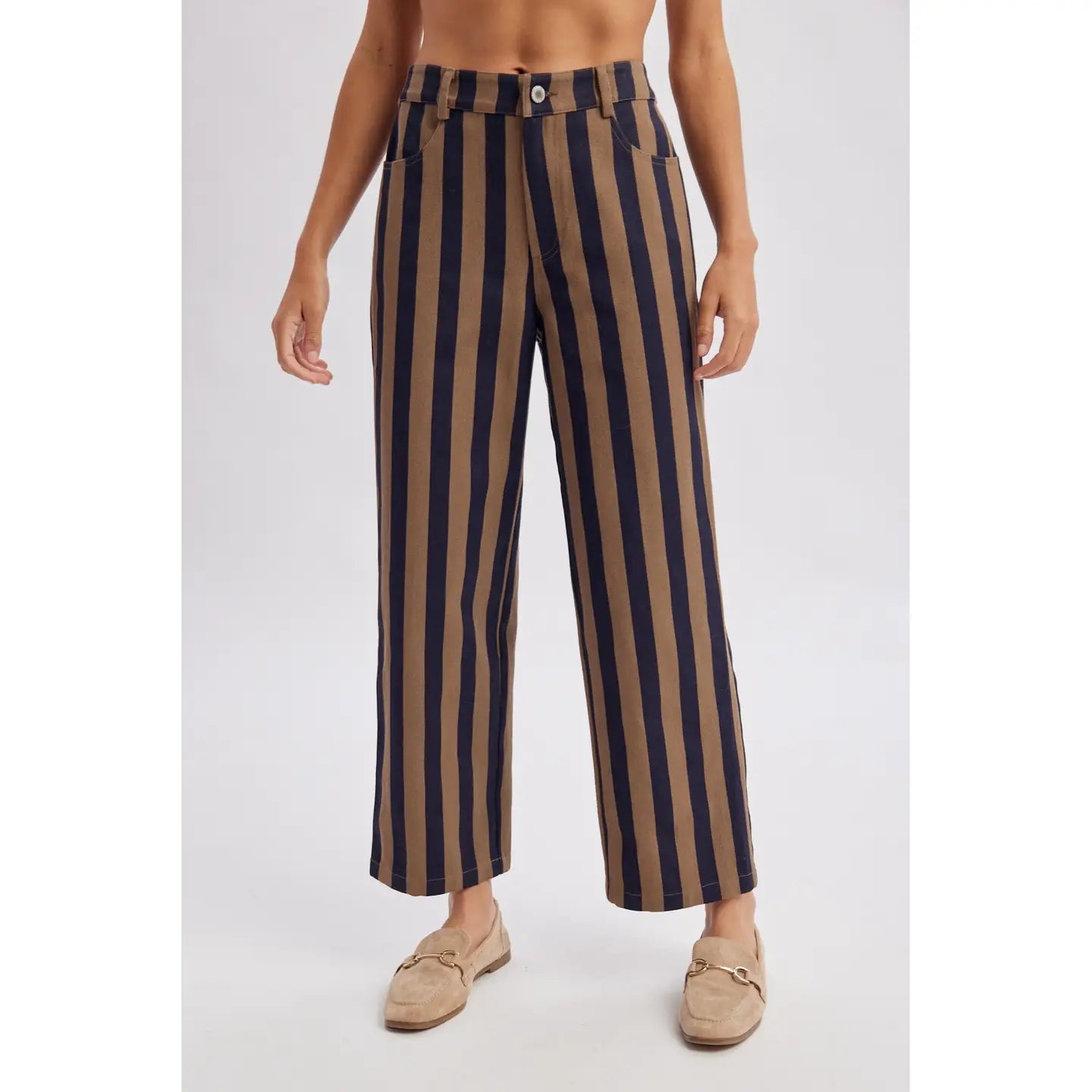 Brown & Dark Navy Vertical Stripe Wide Leg Pants