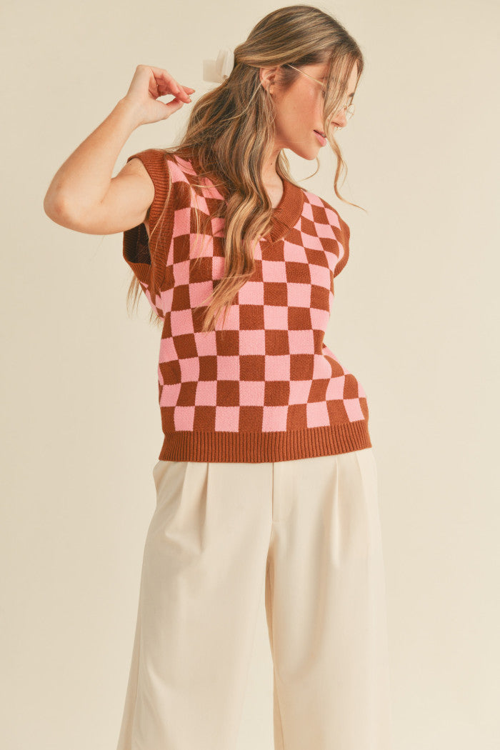 Brown & Pink Checkered Sweater Vest