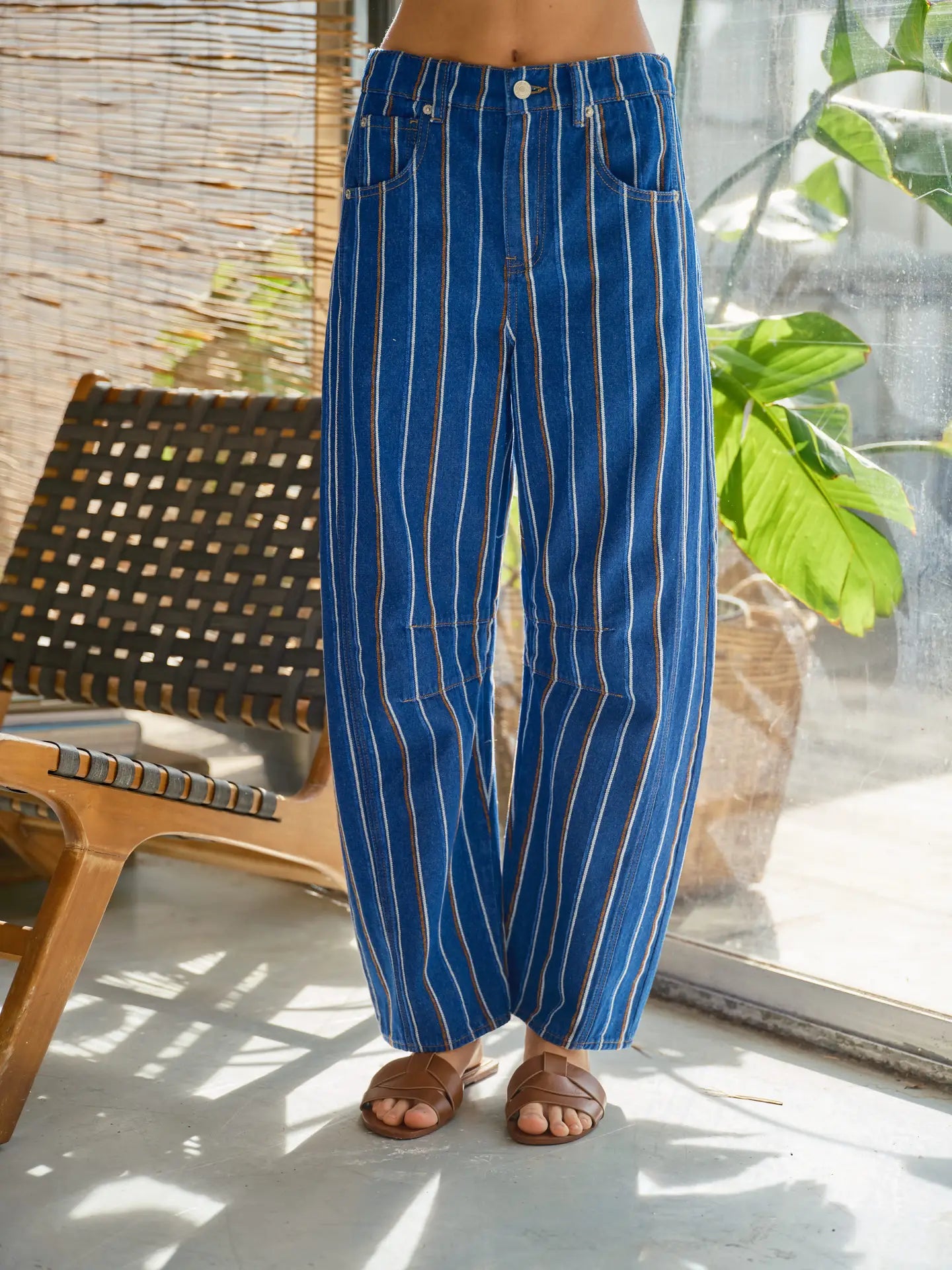 Brushed Stripe Denim Barrel Pants
