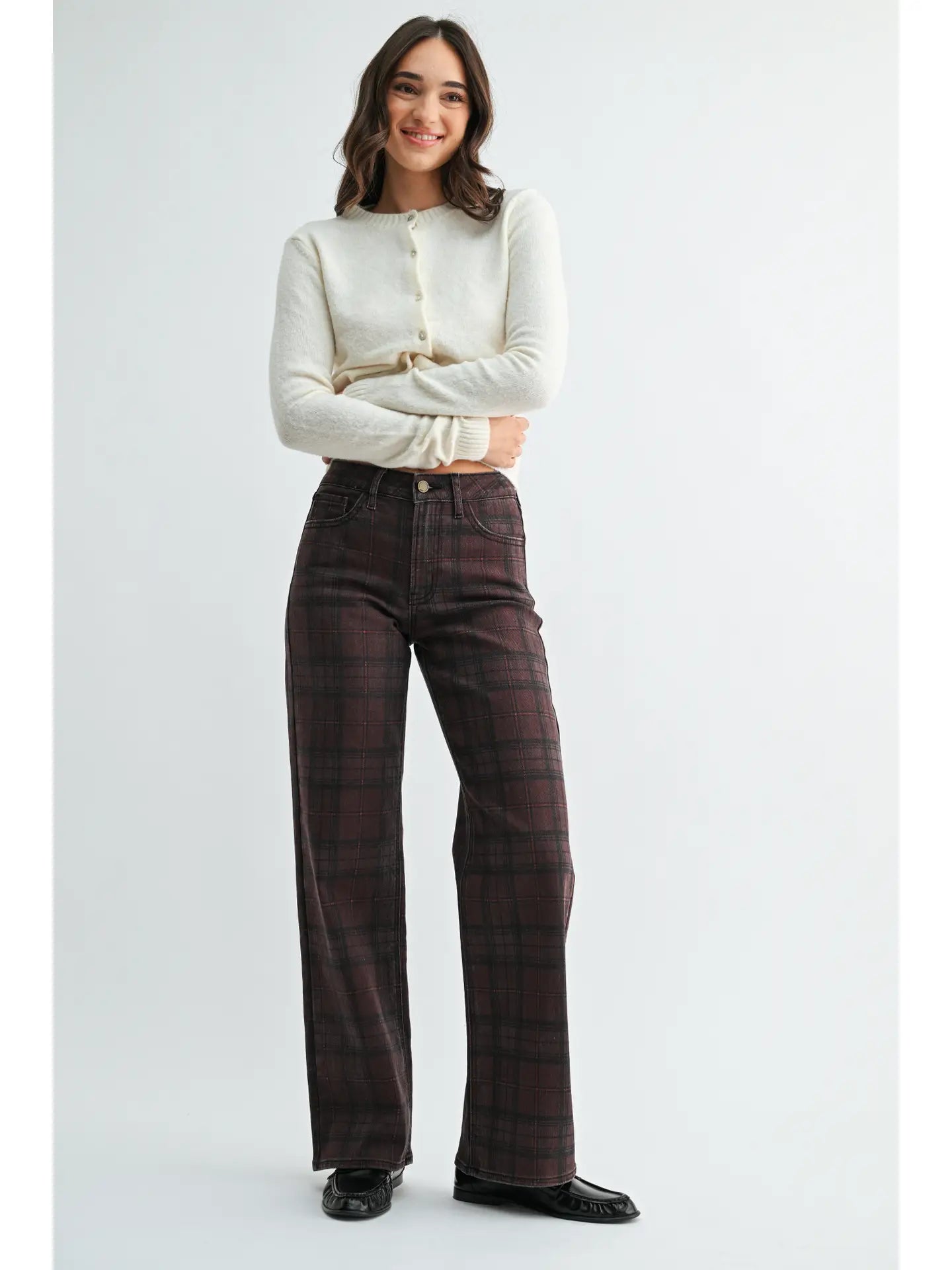 Burgundy Plaid High Rise Full Length Straight Jeans