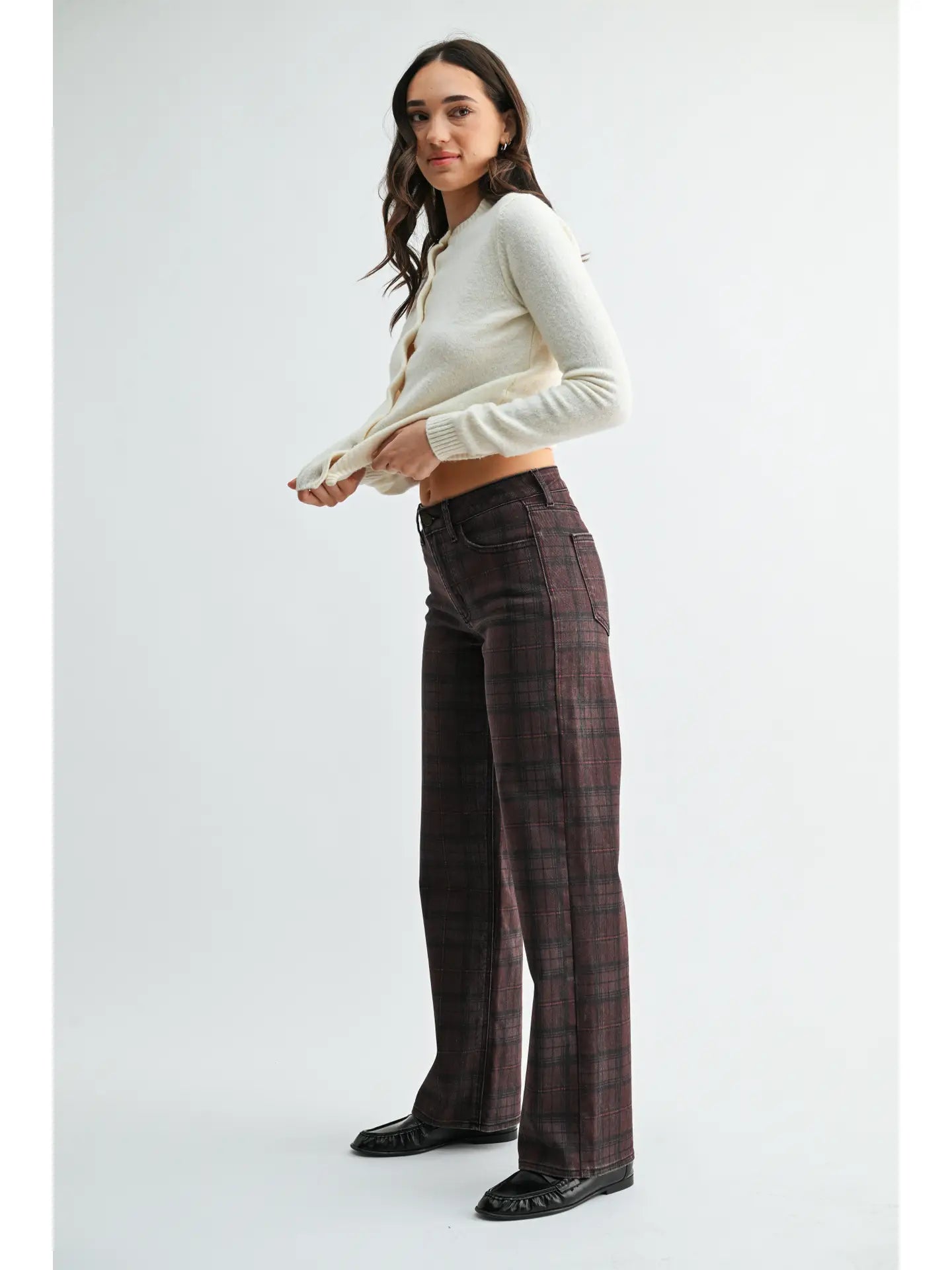 Burgundy Plaid High Rise Full Length Straight Jeans