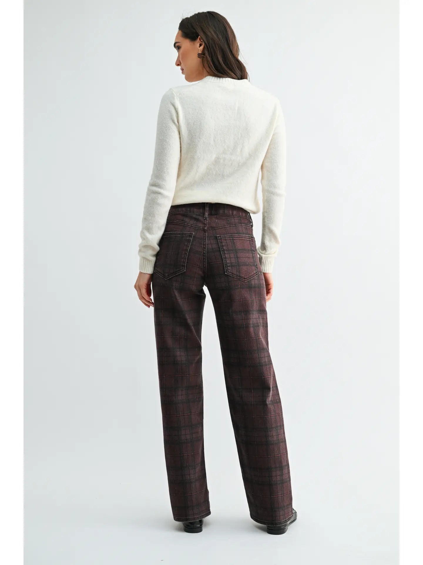 Burgundy Plaid High Rise Full Length Straight Jeans