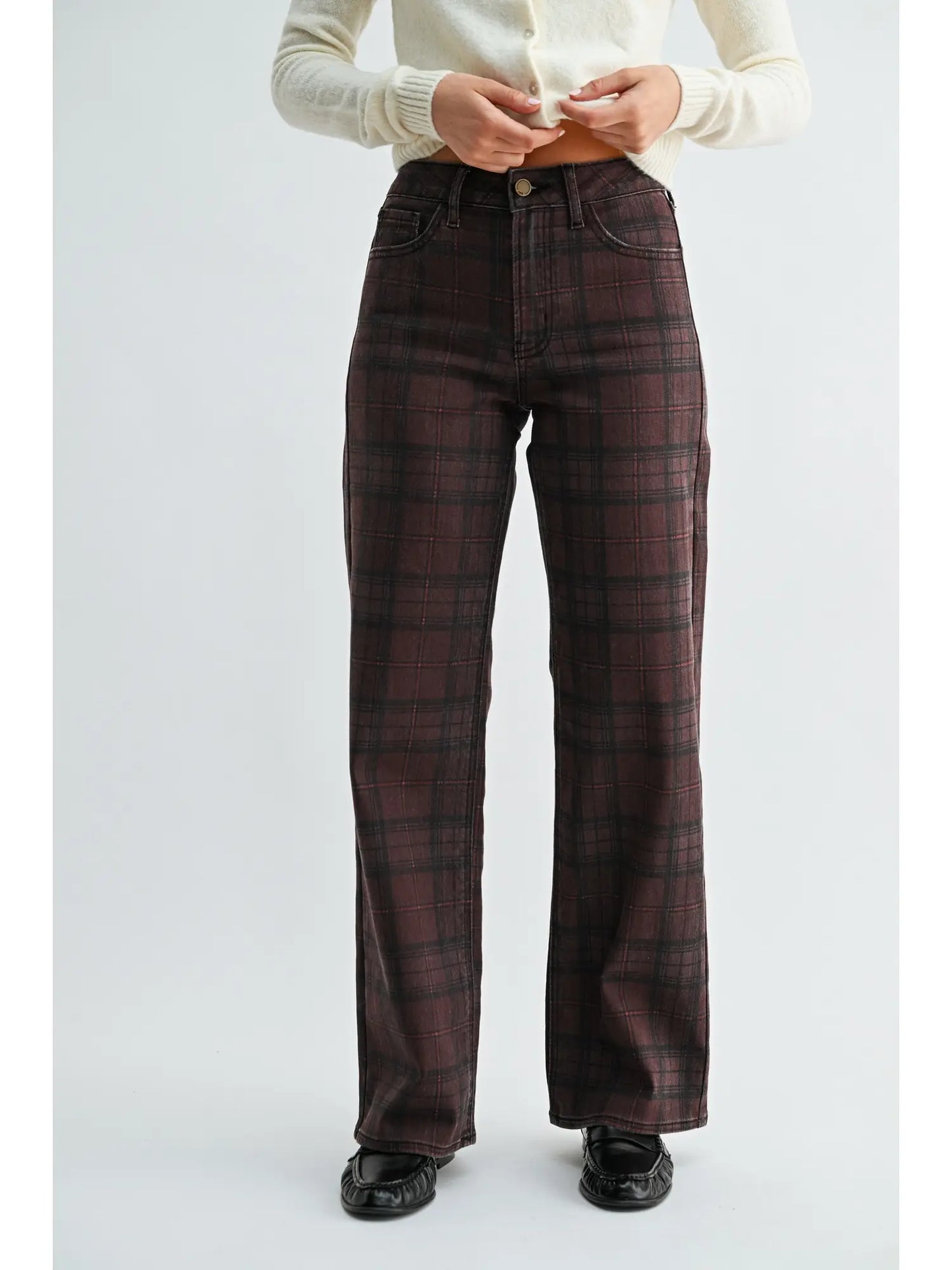 Burgundy Plaid High Rise Full Length Straight Jeans