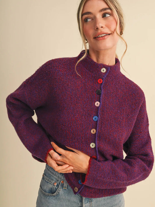 Burgundy & Pink Striped Cardigan with Colorful Buttons