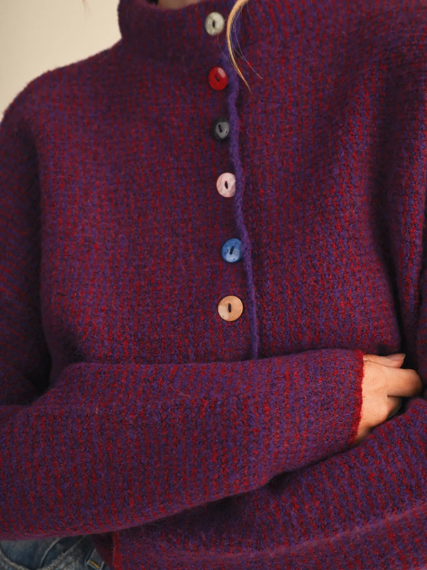 Burgundy & Pink Striped Cardigan with Colorful Buttons