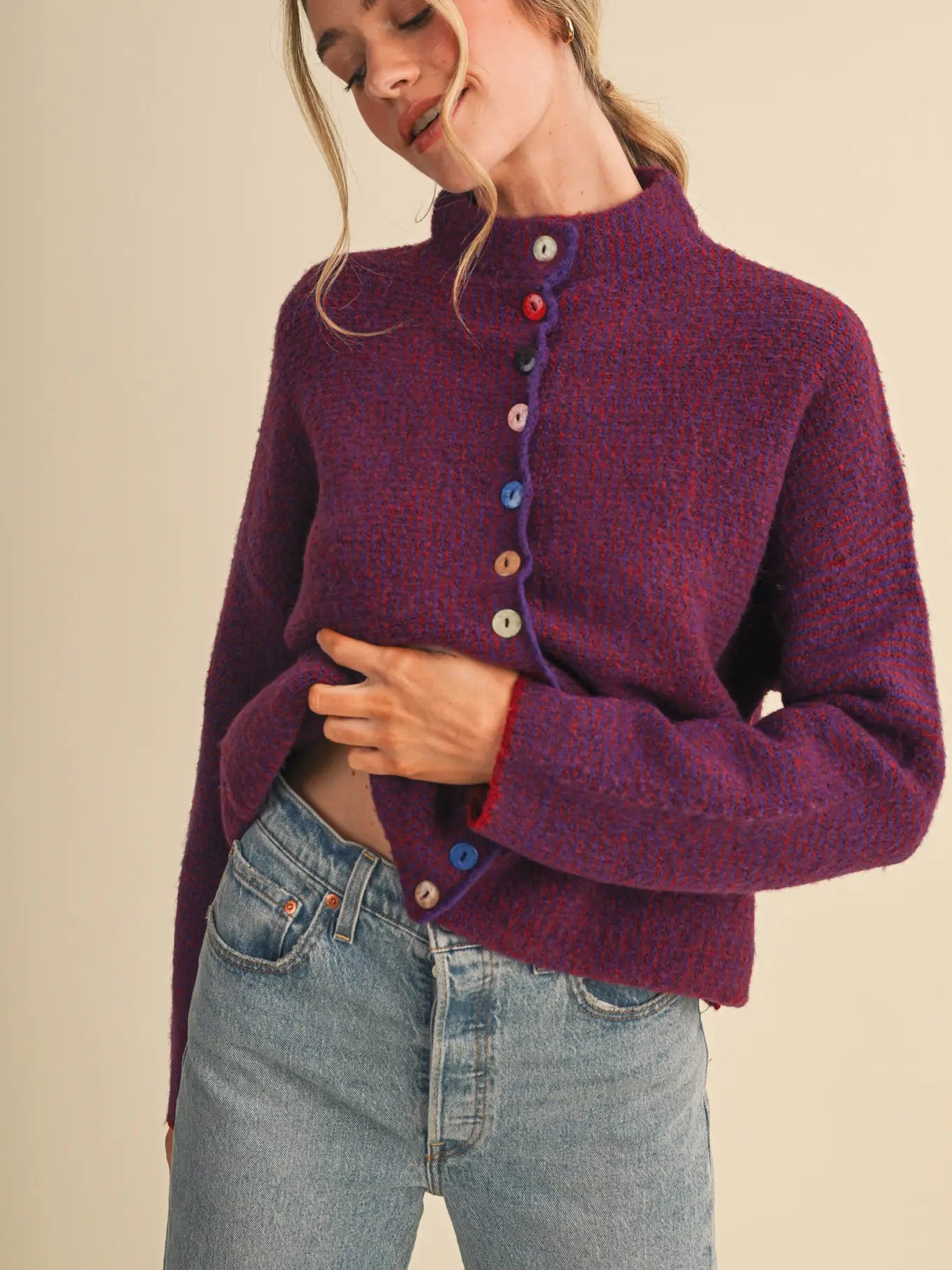 Burgundy & Pink Striped Cardigan with Colorful Buttons