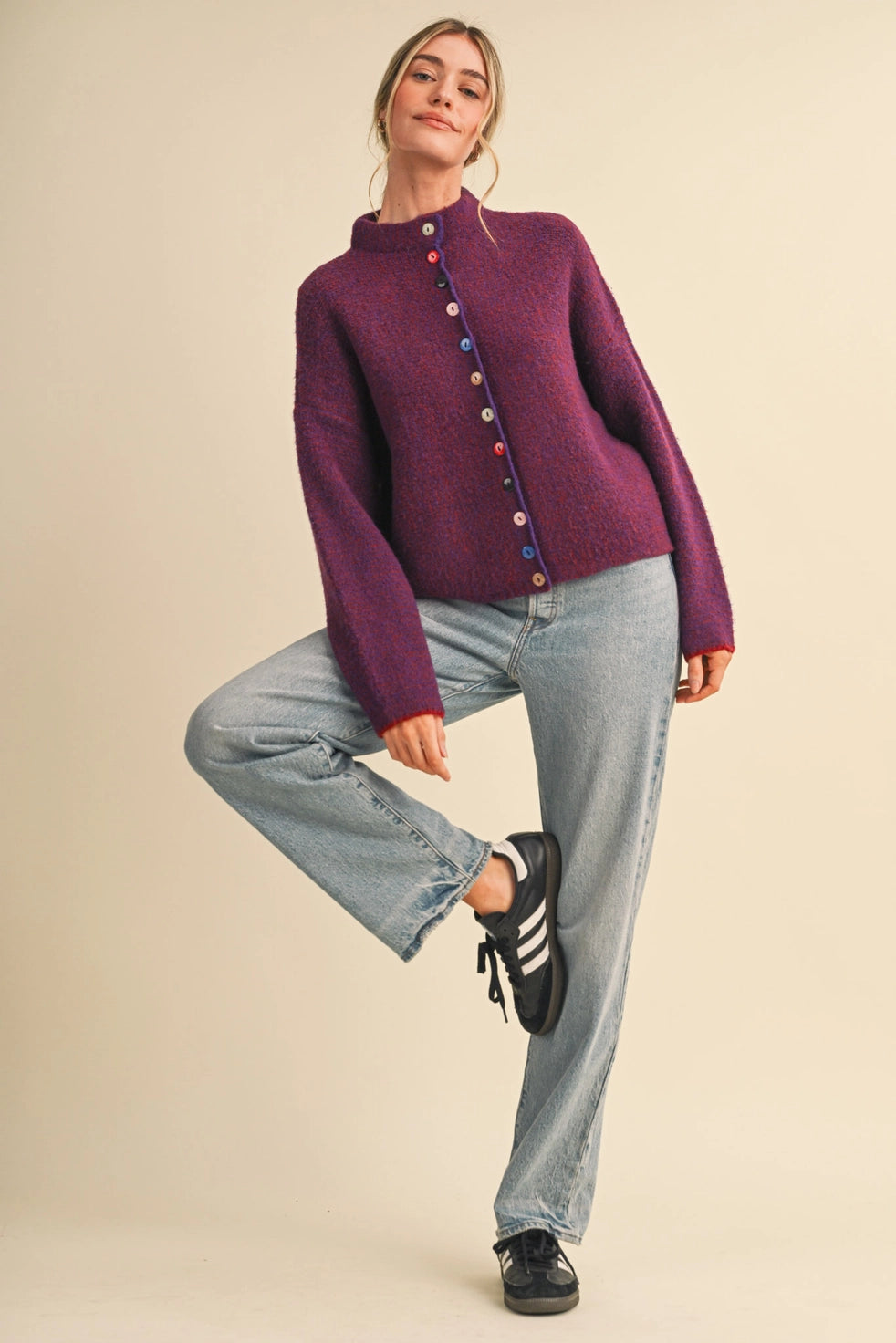 Burgundy & Pink Striped Cardigan with Colorful Buttons