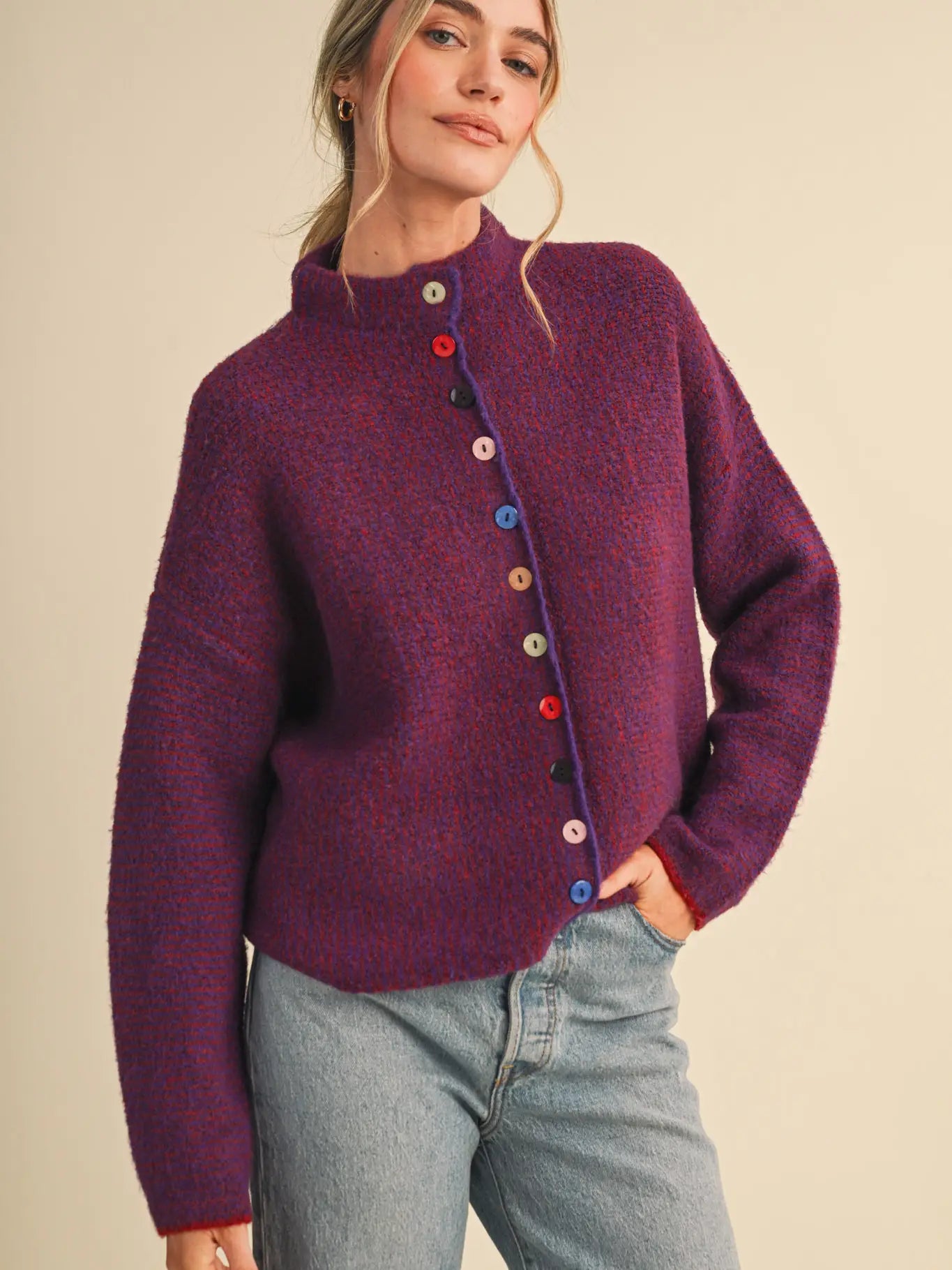 Burgundy & Pink Striped Cardigan with Colorful Buttons