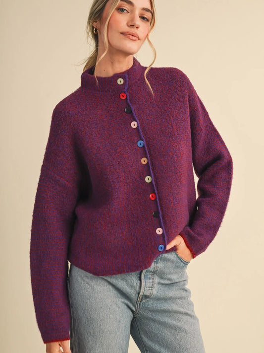 Burgundy & Pink Striped Cardigan with Colorful Buttons
