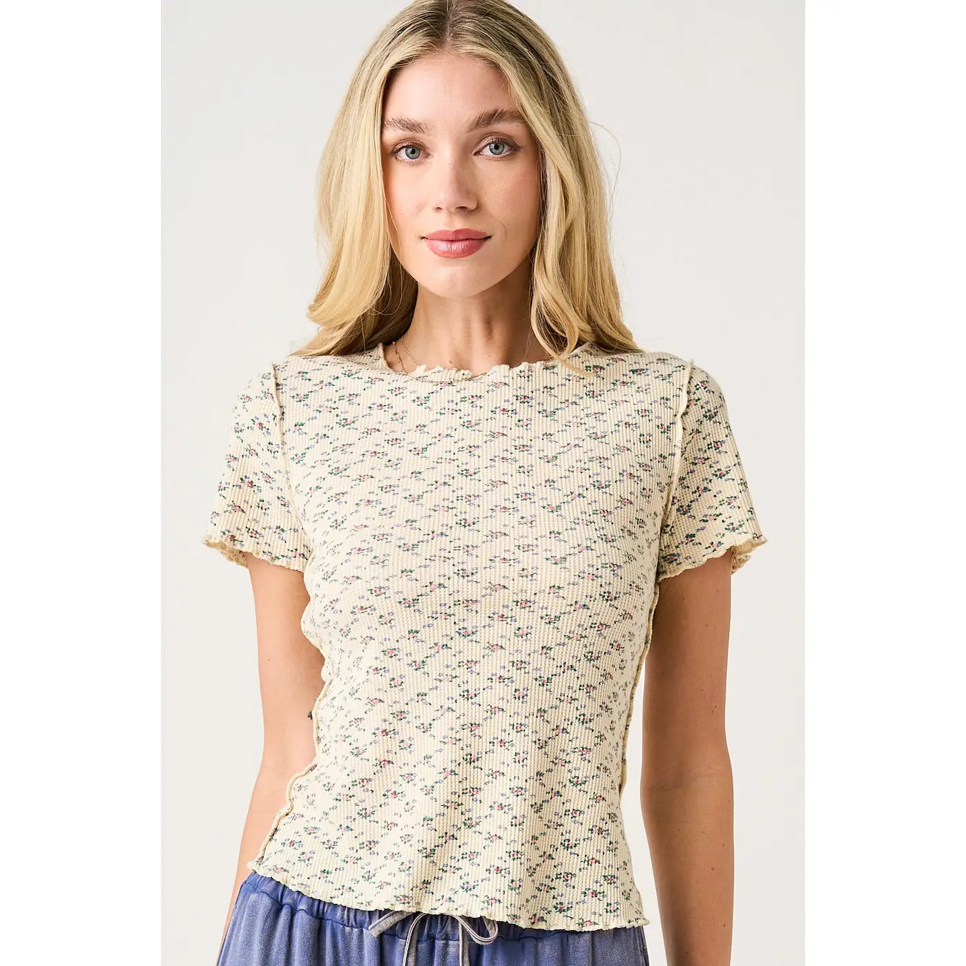 Buttercream Floral Print Waffle Knit Top