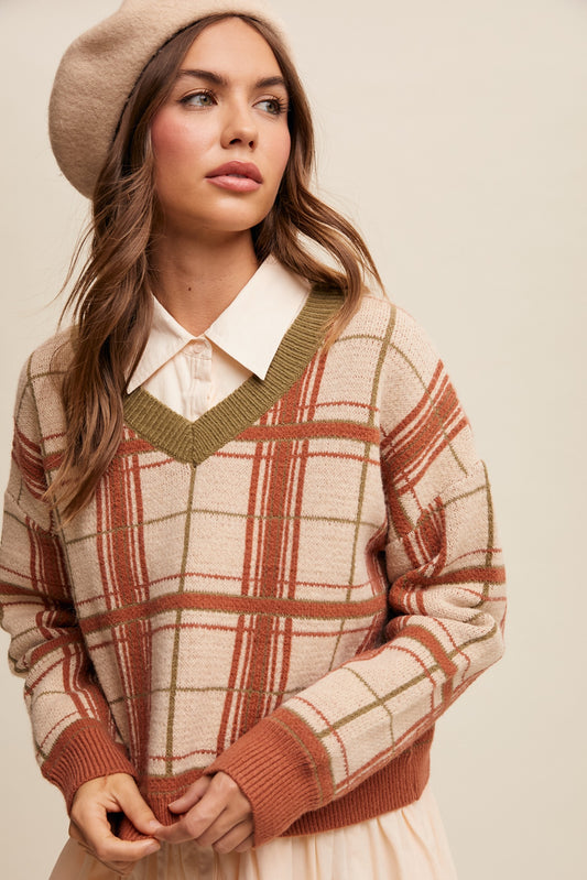 Butterscotch Plaid V-neck Sweater