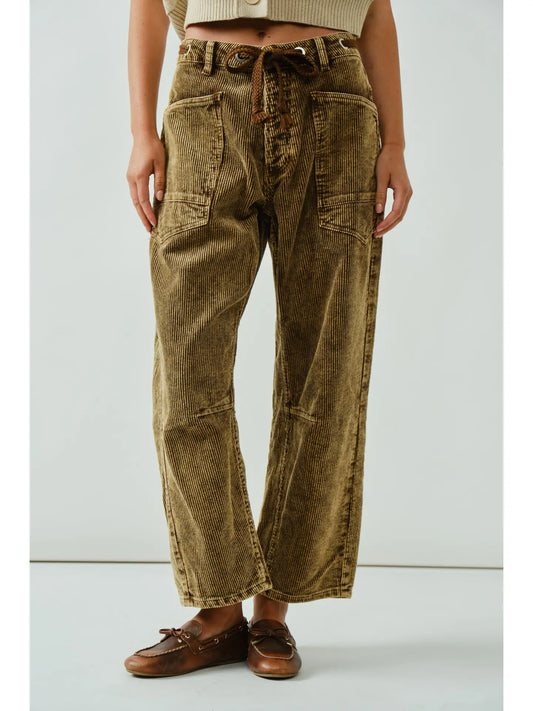 Camel Barrel Corduroy Pants with Eyelet Waist