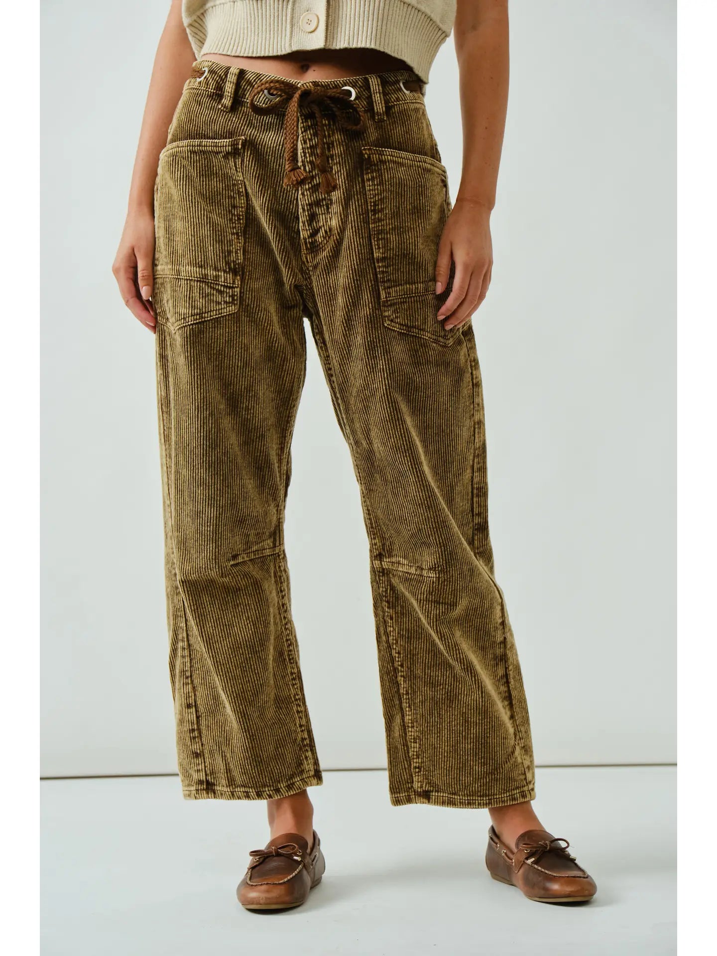 Camel Barrel Corduroy Pants with Eyelet Waist