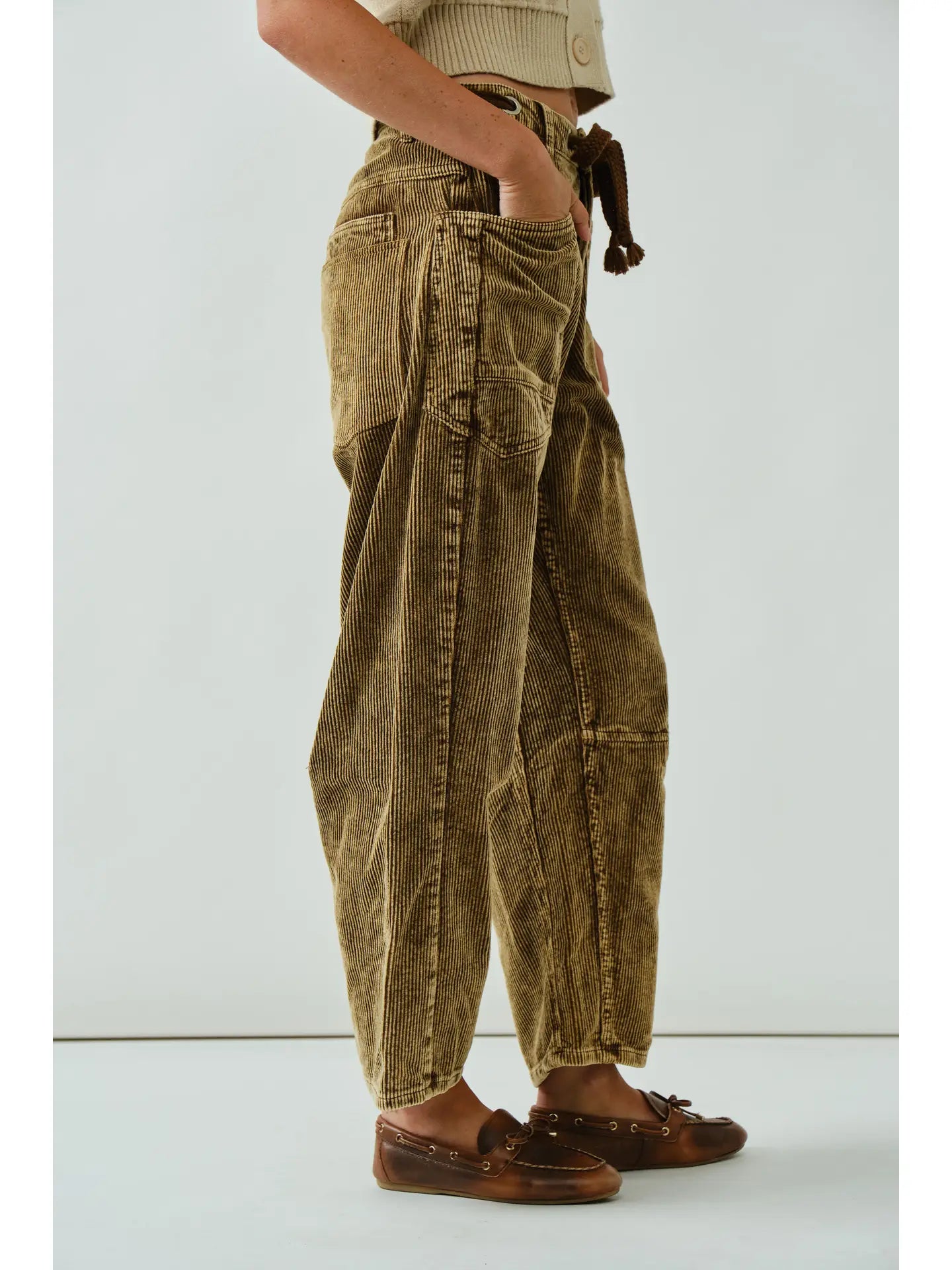 Camel Barrel Corduroy Pants with Eyelet Waist