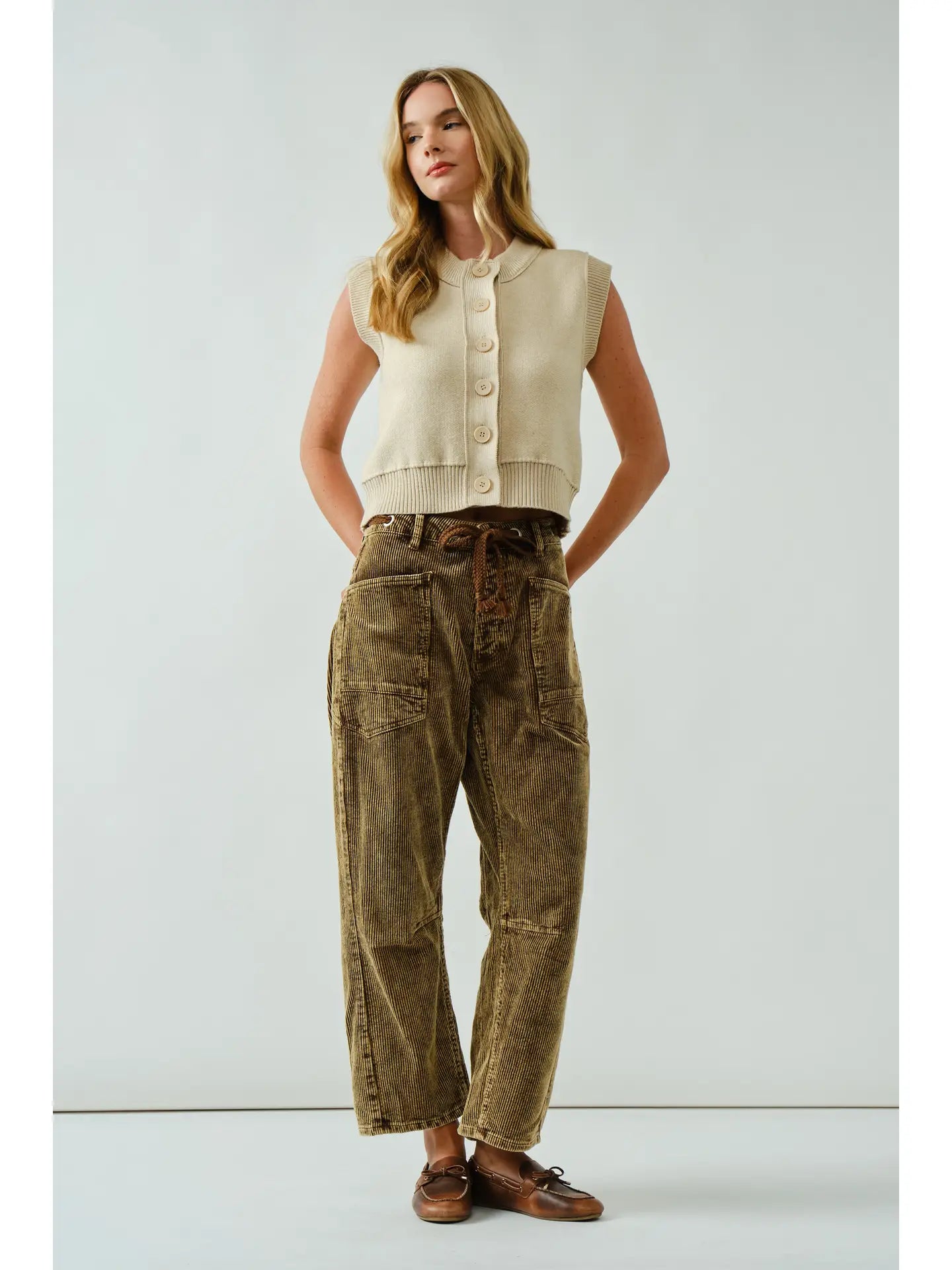 Camel Barrel Corduroy Pants with Eyelet Waist