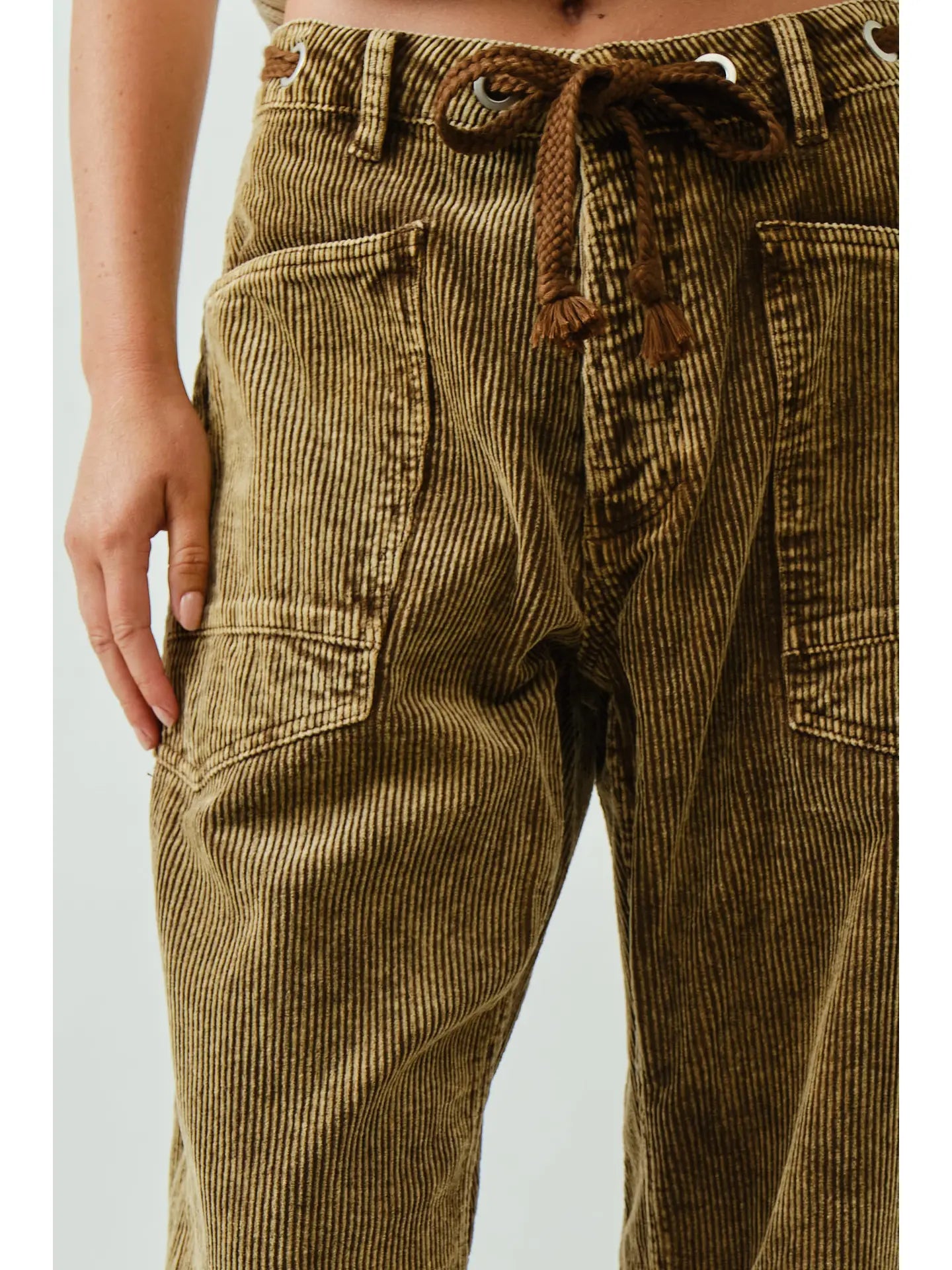 Camel Barrel Corduroy Pants with Eyelet Waist