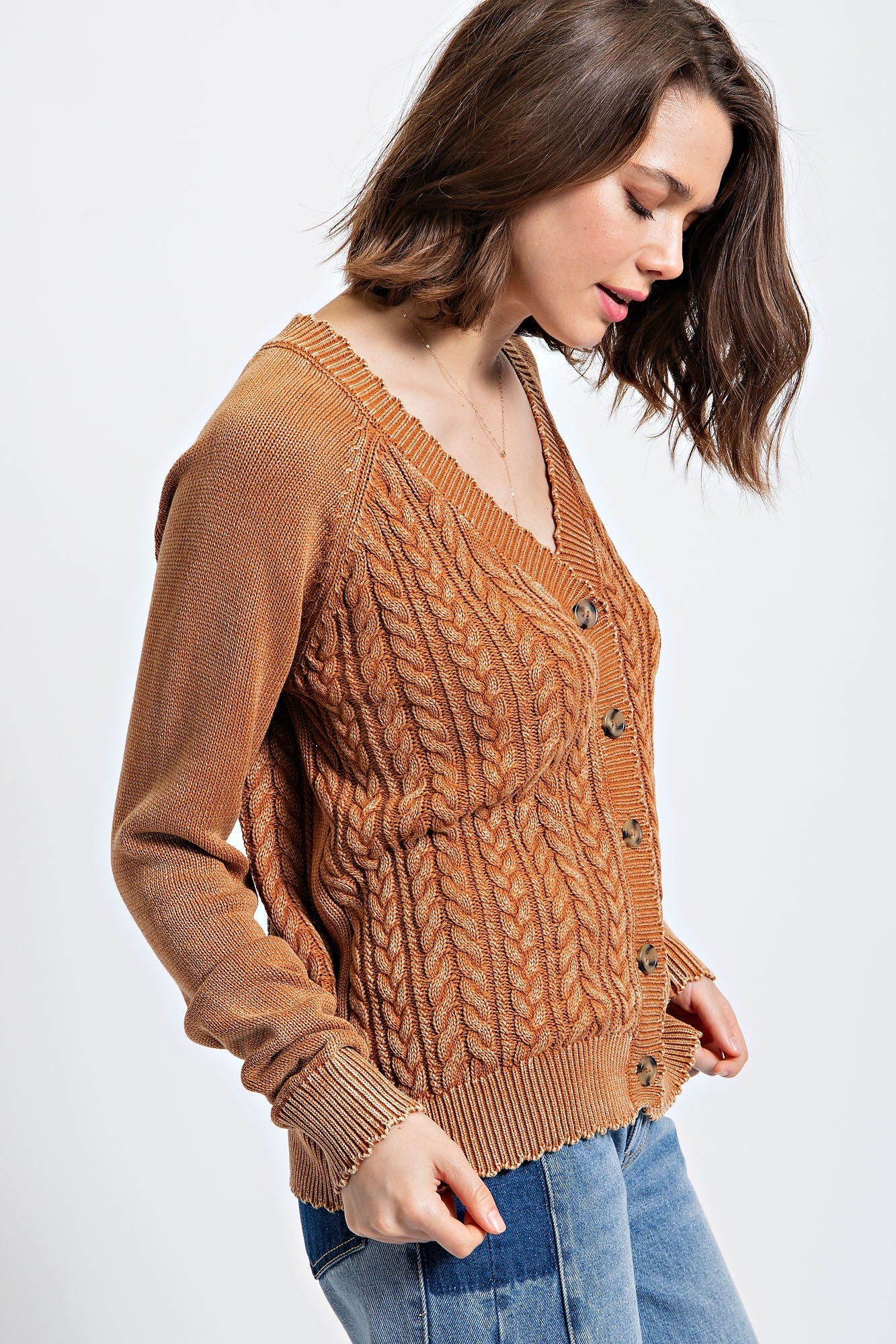 Camel Mineral Washed Cable Knit Cardigan