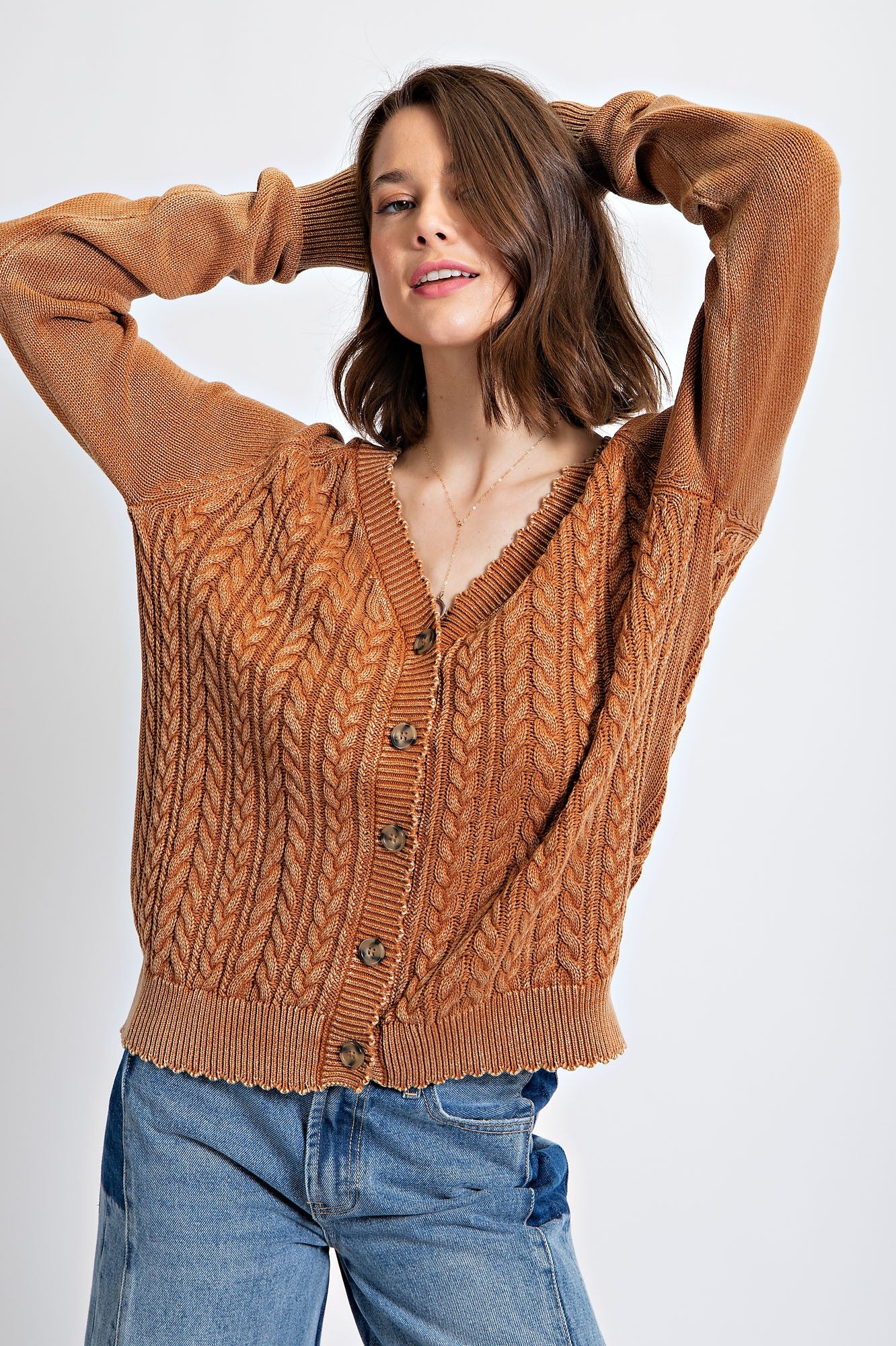 Camel Mineral Washed Cable Knit Cardigan