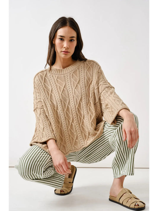 Camel Oversize Washed Cable Sweater