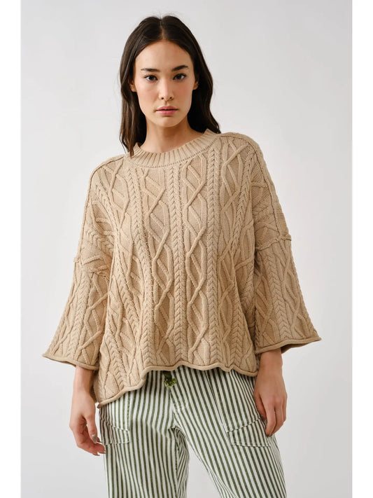 Camel Oversize Washed Cable Sweater