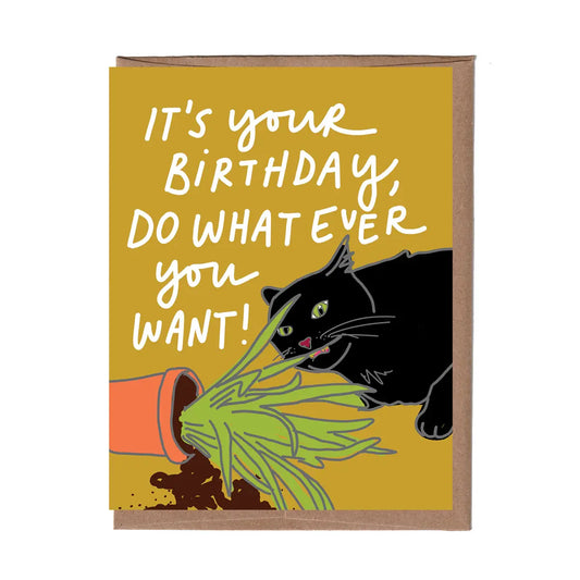 Cat Eating Plants Birthday Greeting Card