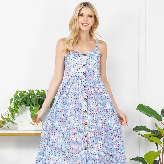 Checkered Print Cherry Cotton Cami Dress