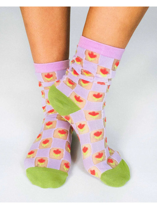 Checkered Tulips Sheer Ankle Sock By Hannah Packer