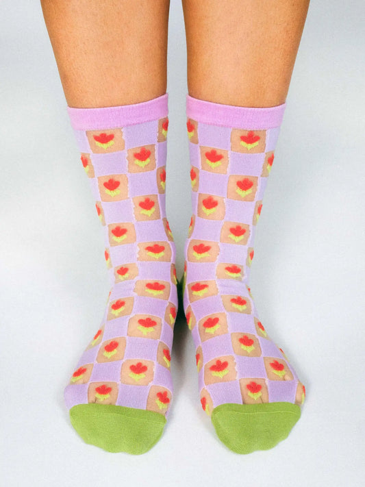 Checkered Tulips Sheer Ankle Sock By Hannah Packer
